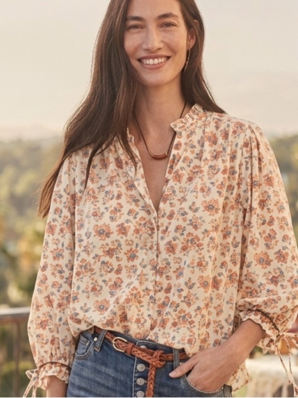 Sundance Ashton floral calico velvet trim ruffle blouse button front top sz M